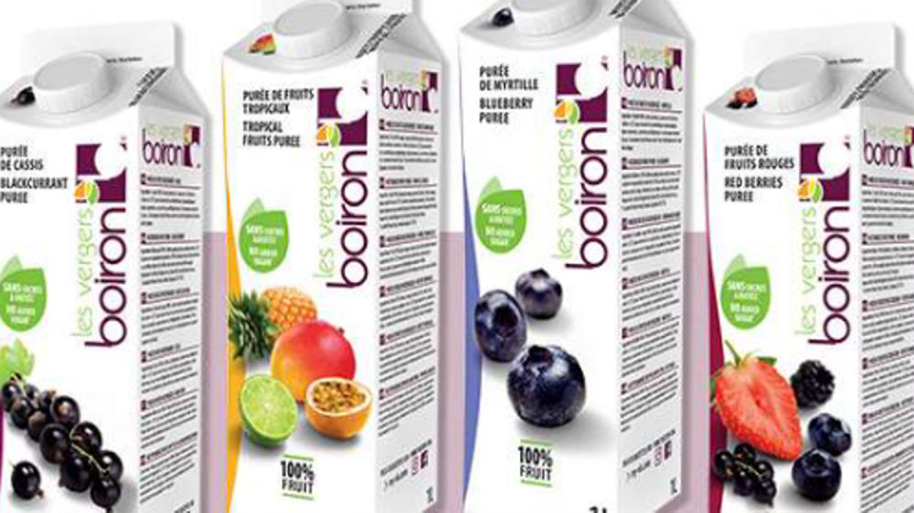 Les quatres nouveautés de la gamme de purées de fruits ambiantes sans sucres ajoutés. ©Les vergers Boiron